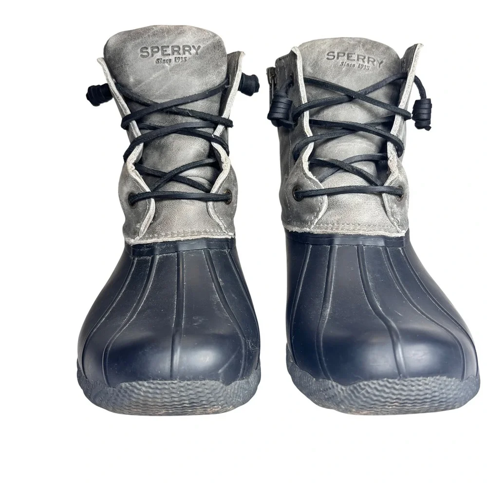 Sperry Saltwater Duck Boots‎ Gray Black Leather Rubber Rain Winter Womens 9.5
